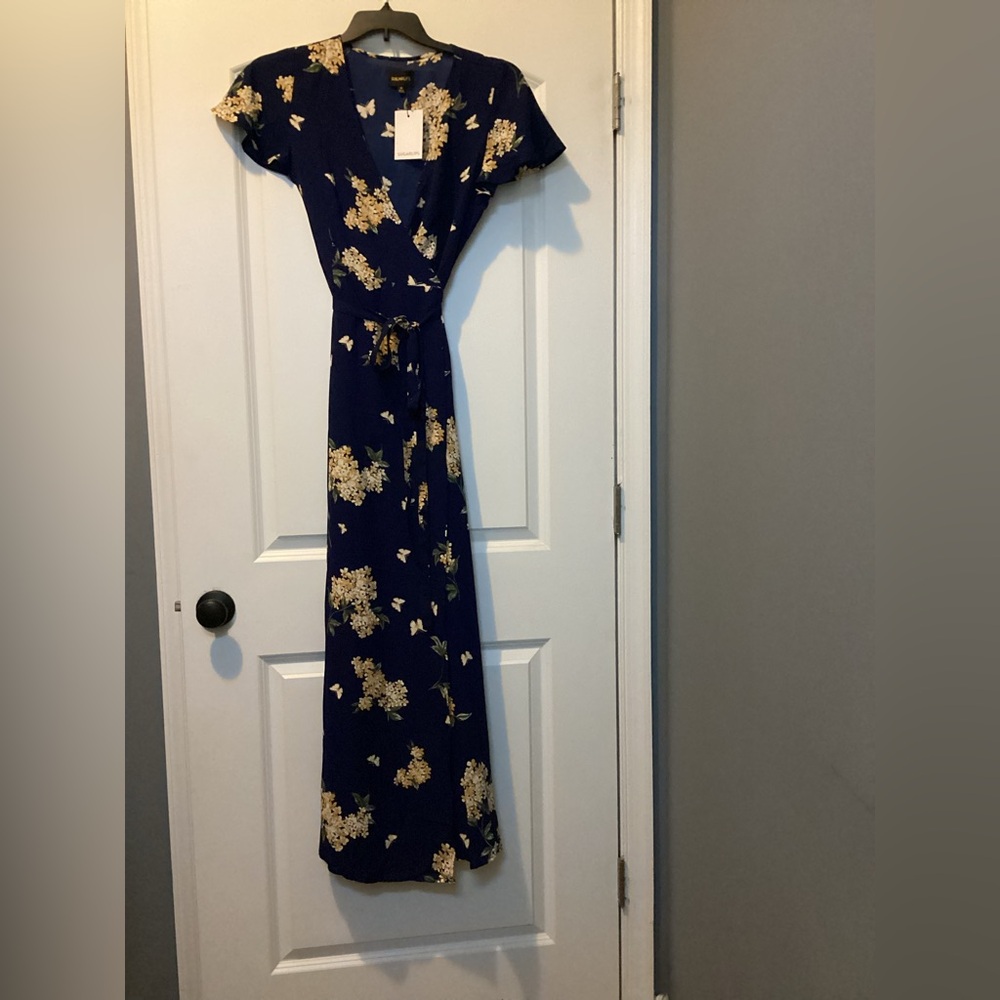 Floral Wrap Dress in Navy and Gold